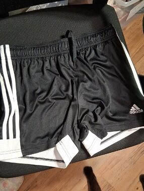 Womens 9Adidas Black Athletic Shorts with White Stripes